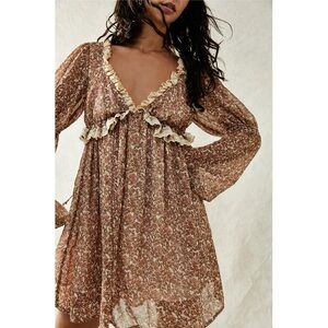 NWT Free People Pennie Floral Babydoll Mini Dress XS Cream Sheer Sleeves Cottage